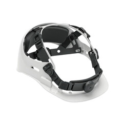Pristine, new hard hat suspension system with white and grey plastic frame, adjustable headband, and black fabric straps, all components clearly defined, isolated on a transparent studio
