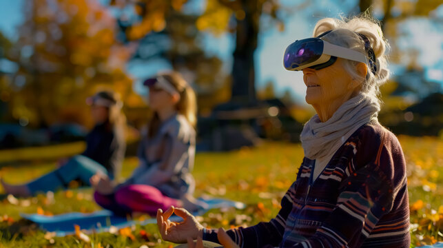 An elderly woman wearing a virtual reality headset practices meditation in an autumn park. A unique scene combining wellness, mindfulness, and modern technology.
