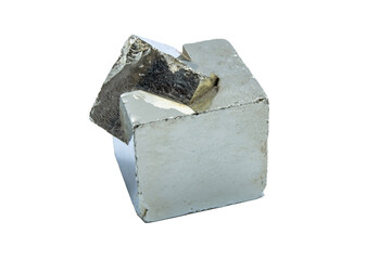 Close-up of pyrite mineral, isolated on white background.