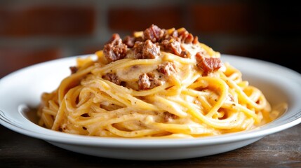 Delicious Plate of Spaghetti Topped with Savory Meat and Creamy Cheese
