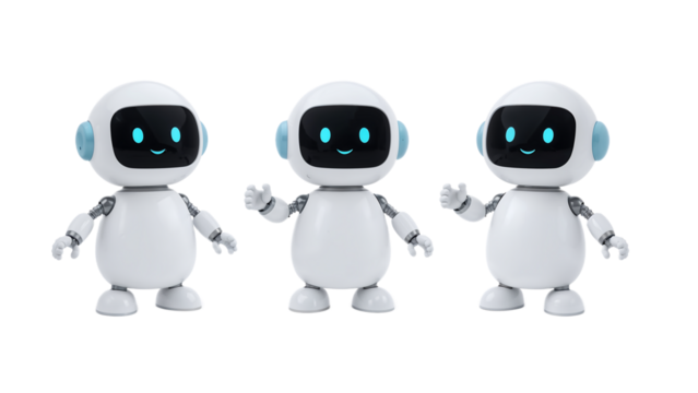 Three Friendly White Robots AI, Automation, and Technology