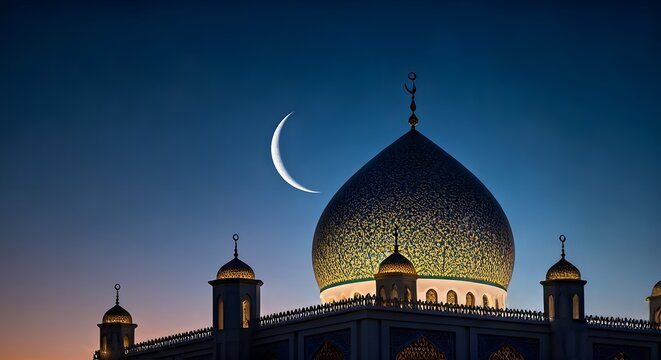 Islam Symbol, Mosques dome on dark blue Twilight Sky and Crescent moon on background, symbol Islamic religion and free space for text arabic, Ramadan, Eid al-Adha, Eid al-fitr, New year Muharram.