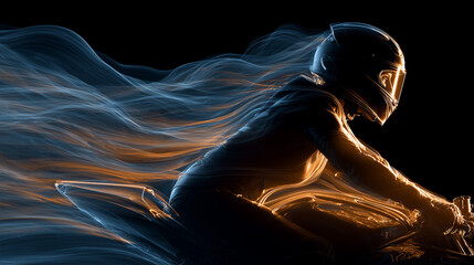 A glowing silhouette of a motorcyclist in a low aerodynamic riding posture, abstract fluid streams of air and liquid dynamically wrapping around their form, motion lines flowing with turbulence