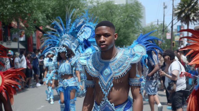 Caribbean Performer in Blue Feather Costume Marching at Montreal Carifiesta Festival Street Parade Celebrating Culture, Unity, and Carnival Pride
