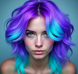 Fototapeta premium Stunning Purple and Teal Ombre Hair Portrait