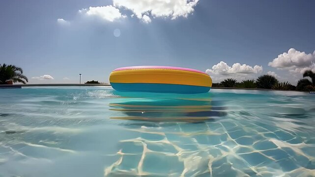 Bright sunny day with some clouds and inflatable ring floating on swimming pool water