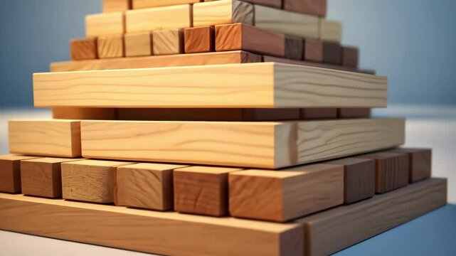 Wooden blocks pyramid symbolizing growth, success, and structure with copy space.