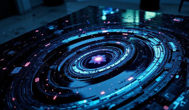 Digital Code Streams Swirl on Obsidian Surface, Ethereal Ritualistic Power and Geometric Distortions