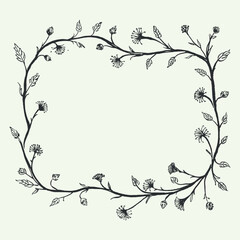 The frame is vegetal. Curly vine and dandelions. Frame by hand. Linear floral pattern. Pattern for book cover.
