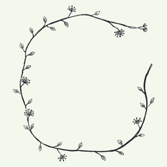 The frame is vegetal. Curly vine and dandelions. Frame by hand. Linear floral pattern. Pattern for book cover.