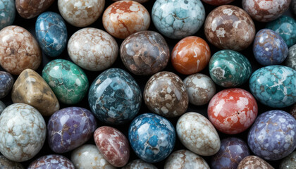Colorful Polished Stones: Natural Marble Pebbles Texture Background .