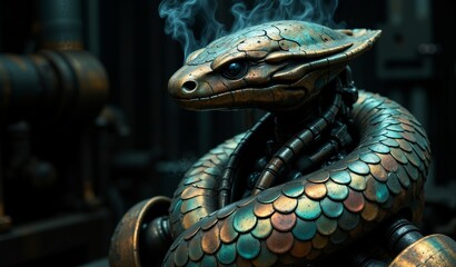 Fototapeta premium Robotic Serpent Sculpture: Iridescent Titanium Scales and Simulated Steam in Foundry Setting
