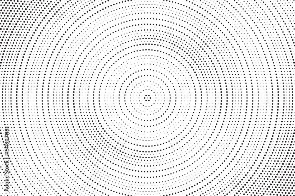 Aufkleber Radial halftone gradient background. Dotted concentric texture with fading effect. Black and white circle shade wallpaper. Grunge rough vector. Monochrome backdrop	