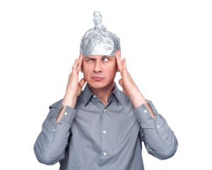 Suspicious man in gray shirt wearing aluminum foil hat, touching head with fingers. Transparent background PNG. Conspiracy theory visual metaphor, mental protection or paranoia concept.