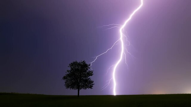 A circular dolly shot around a lone tree illuminated by a single lightning strike, stark contrast, dramatic lighting