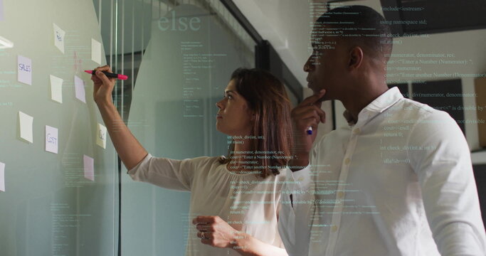 Writing woman and thinking man collaborating on code on glass partition in conference room in suits
