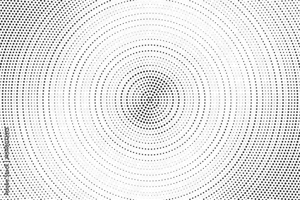 Aufkleber Radial halftone gradient background. Dotted concentric texture with fading effect. Black and white circle shade wallpaper. Grunge rough vector. Monochrome backdrop	