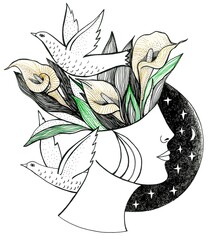 Illustration on a white background. Drawn by hand with pen and ink. A human head and flowers and birds inside.