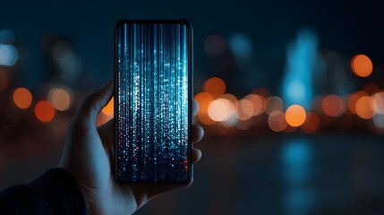 Hand Holding Smartphone Displaying Glowing Data Stream at Night in a Futuristic Digital Communication Environment