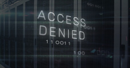 Displaying ACCESS DENIED hologram overlay in data center corridor with server racks and binary code