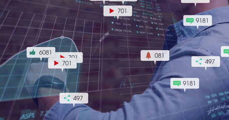 Right-side analyst wearing shirt manipulating grid charts in office, with smartwatch, copy space