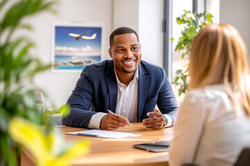 Smiling African American travel agent consults young woman in modern agency about group tours and romantic escapes for solo travelers. Concept of personalized travel for single female clients