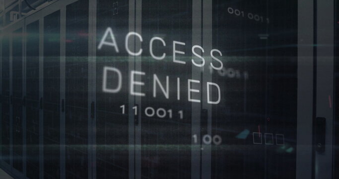 Displaying ACCESS DENIED hologram overlay in data center corridor with server racks and binary code - Powered by Adobe
