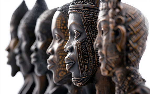 A row of African-inspired sculptures in bronze, representing the beauty and history of African art in contemporary form. Generative AI.