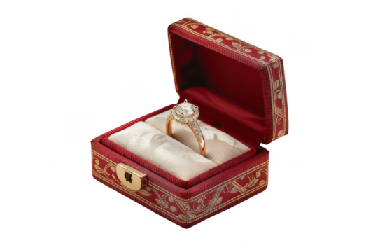 A gold engagement ring in a red box - Powered by Adobe