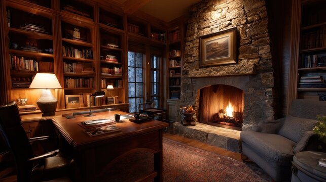 Cozy Office Zoom Background With Fireplace And Bookshelf