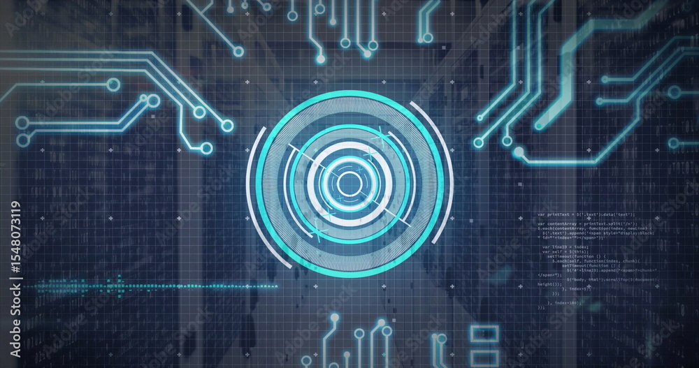 Poster Displaying central circular HUD interface in data center corridor, with circuit patterns and grid