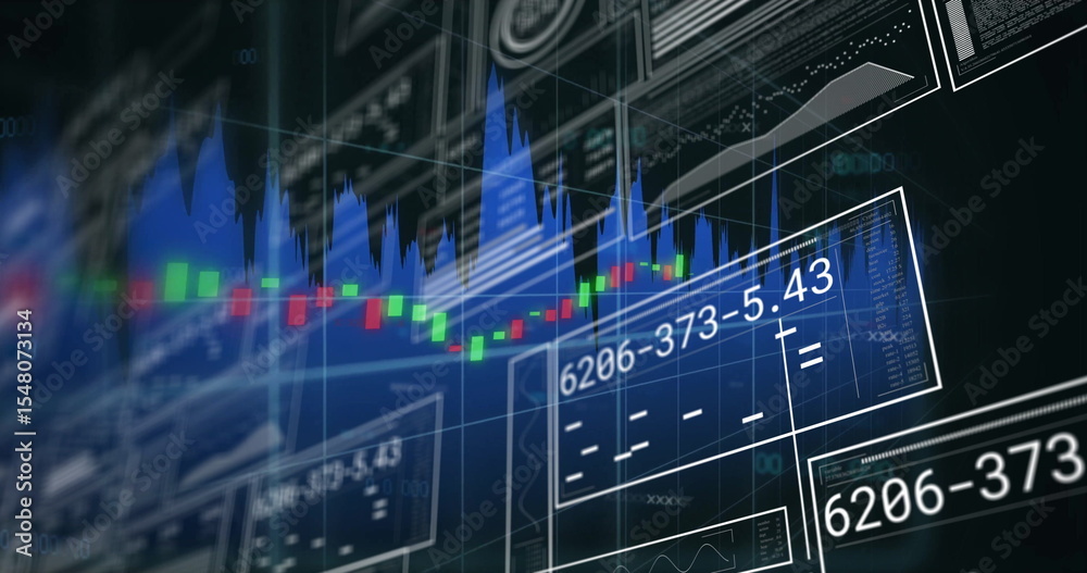 Poster displaying trading dashboard panels with candlestick and area graphs, grid overlay and axis labels