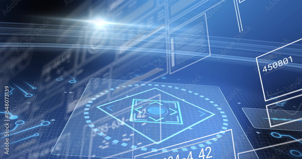 Poster displaying holographic interface pulsing in virtual control environment, with floating data boxes