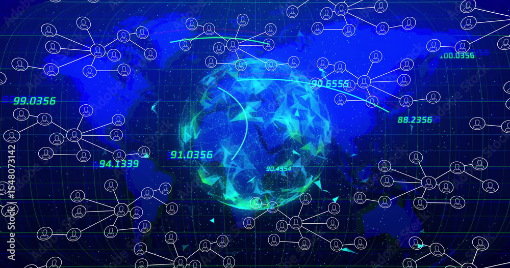 Aufkleber displaying central faceted globe on blue grid with network lines, nodes and floating data points