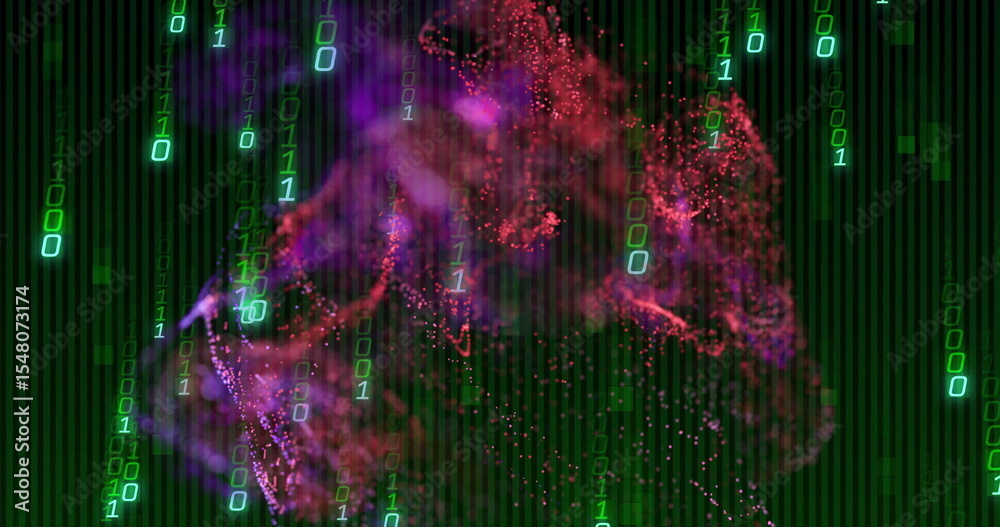 Poster swirling red and purple particle cloud in digital space, with green binary digits and dark grid