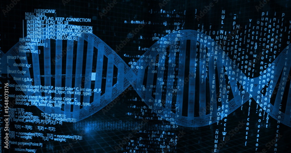Poster glowing stylized dna double helix rotating above grid floor, with floating code snippets