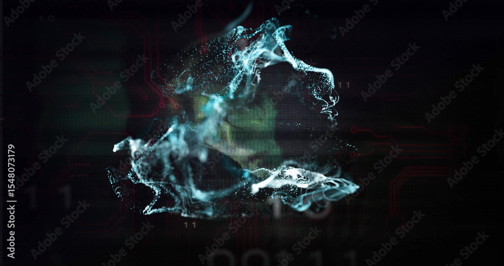 Poster swirling particle cloud glowing in virtual space, displaying binary digits and circuit traces