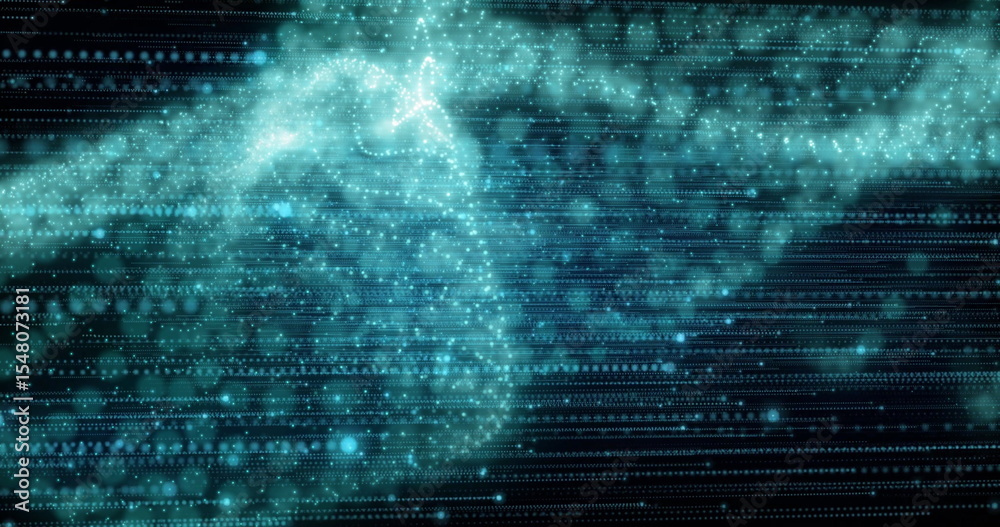 Poster flowing teal data points swirling with light particles in digital matrix with horizontal code lines