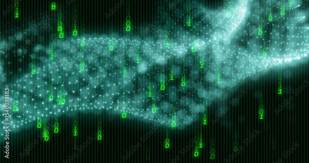 Poster streaming cyan-white particle wave weaving through virtual cyberspace, with green binary digits