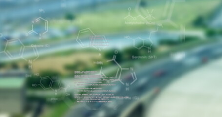 Overlaying molecular diagrams and code lines over aerial highway lanes, data visualization