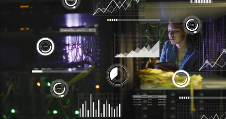 IT technician scanning fiber optic cables using tablet in server room, with LEDs, copy space