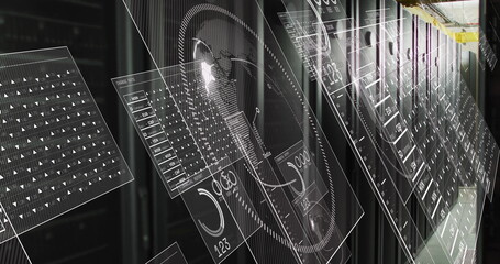 Projecting holographic panels in server room, showing server racks, LED lights, network diagrams