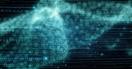 Flowing teal data points swirling with light particles in digital matrix with horizontal code lines