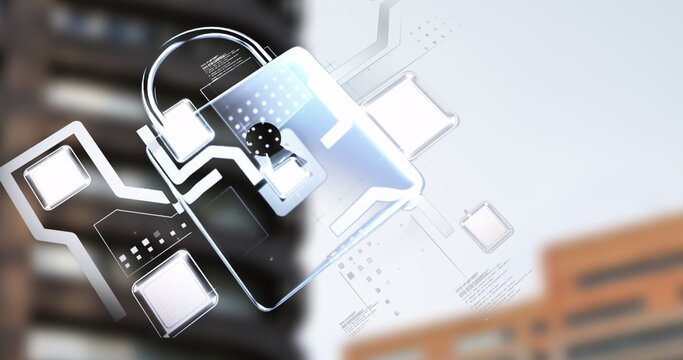 Projecting digital padlock icon glowing circuits over blurred city facade, with data grid overlays