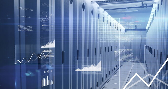 Displaying server rack corridor in data center with cable trays hosting floating analytics overlays