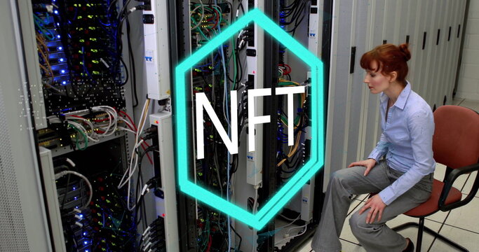 Sitting IT tech managing cables near server racks in server room, with NFT overlay, copy space