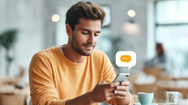 A handsome man in a yellow sweater is engrossed in his phone, a speech bubble icon hovering nearby, suggesting communication.