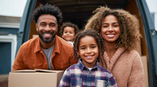 A cheerful family of four, posing in front of a moving van, smiling at the camera, boxes present, showcasing the excitement of a new beginning. - Powered by Adobe