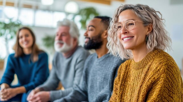 A diverse group of people smiling, likely engaged in a discussion or activity, indoors in a well-lit space. - Powered by Adobe