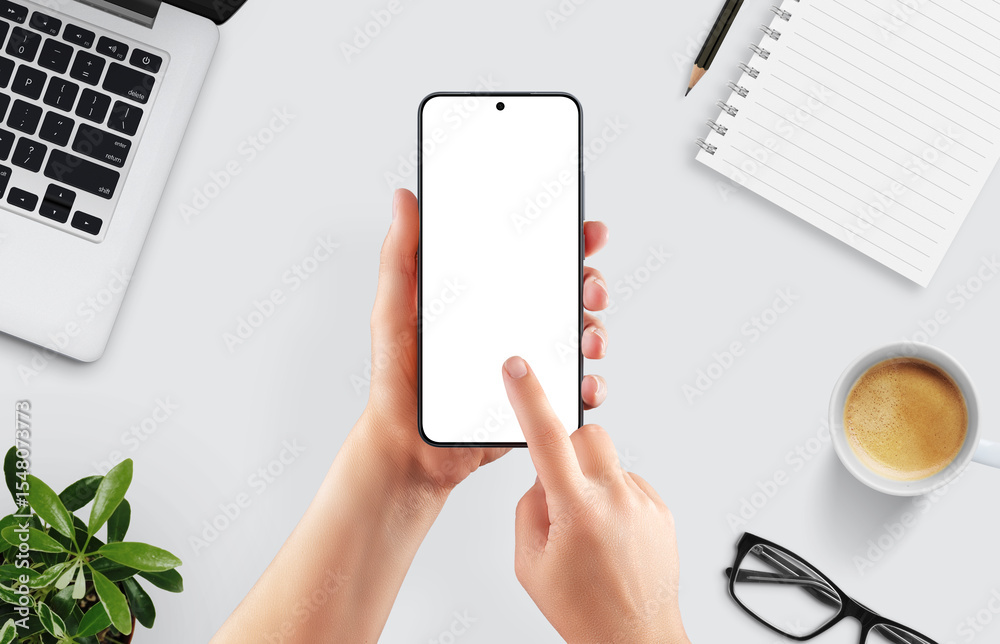 Aufkleber Flat lay scene with smartphone mockup in hand, touch gesture in progress, perfect for showcasing mobile interface, app design or creative workspace